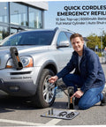 Man using Portable Cordless Tire Inflator Air Compressor Dead Nuts Accurate Dual Digital Gauge Auto Shut Off 6000 Mah Battery.
