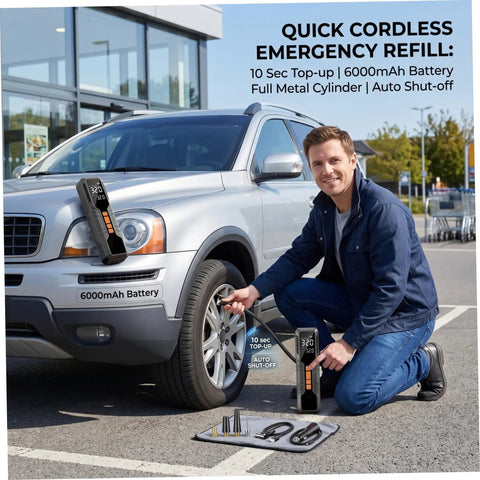 Man using Portable Cordless Tire Inflator Air Compressor Dead Nuts Accurate Dual Digital Gauge Auto Shut Off 6000 Mah Battery.