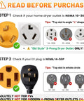 Diagram showing NEMA 10-30R compatibility with NEMA 14-50R for EV charging. Includes outlet and plug visuals with warnings.