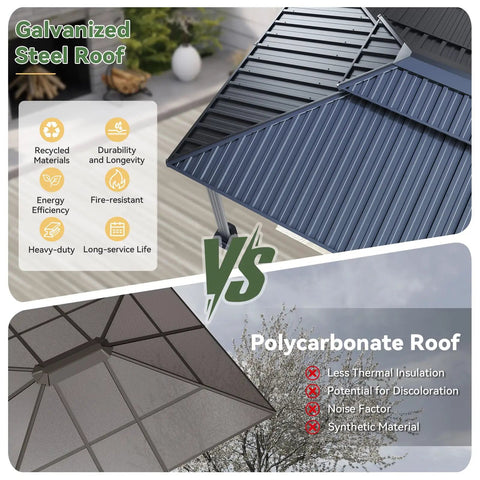 Comparison of a galvanized steel roof vs. polycarbonate roof for 10x12 Outdoor Gazebo With Double Galvanized Steel Roof, Rust Resistant Patio Pavilion, Ventilated Top, Breathable Netting And Privacy Curtains For Backyard Gray Built To Last