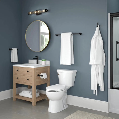 Bathroom with 24 Inch Matte Black Towel Bar for Wall Mounted Towel Rack showing sturdy zinc construction and easy mount design.