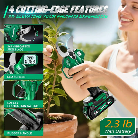 Person using Cordless Electric Pruning Shears That Flat Out Cut Up To 2.1 Inch Branches, LCD Display, 21 Volt Brushless Motor on plant