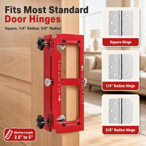 Heavy Duty Door Hinge Jig Kit Featuring Sturdy Aluminum Template For Quick Hinge Mortising And No Sweat Deadbolt Setup On Most Popular Household Doors, showing hinge fitting sizes.