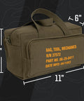 Mechanic Tool Bag With Heavy Duty Olive Drab Canvas Construction, Zipper Pockets, Rugged Handles, Size 11x7x6 inches