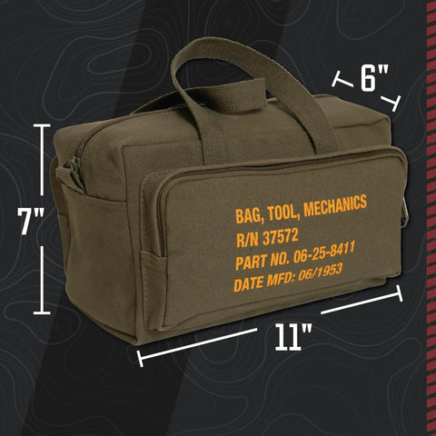 Mechanic Tool Bag With Heavy Duty Olive Drab Canvas Construction, Zipper Pockets, Rugged Handles, Size 11x7x6 inches