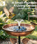Solar Bird Bath Fountain Pump Six Volt One Point Two Watt Floating Solar Fountain with five spray patterns in a copper bird bath with birds.