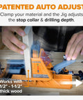 Pro Level Automatic Pocket Hole Jig Kit With Self Calibrating Drill Guide and Fifty Rustproof Screws, auto adjust feature shown.