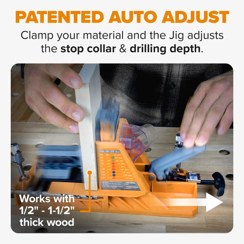 Pro Level Automatic Pocket Hole Jig Kit With Self Calibrating Drill Guide and Fifty Rustproof Screws, auto adjust feature shown.