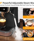 20 Bar Espresso Machine For Home And Office With Milk Frother, showing steam wand with creamy milk foam and steam knob