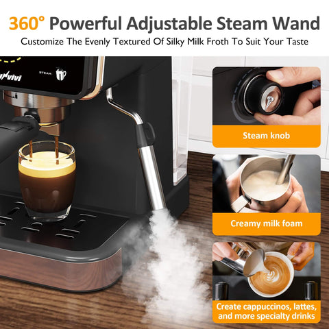 20 Bar Espresso Machine For Home And Office With Milk Frother, showing steam wand with creamy milk foam and steam knob