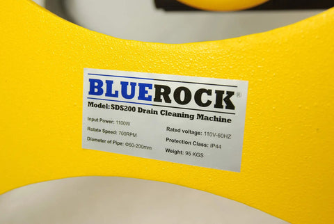 Real Deal Sectional Sewer Snake Machine 1.5 HP Drain Cleaner With 120 Foot Cable And Six Piece Cutter Set label showing model and specifications.
