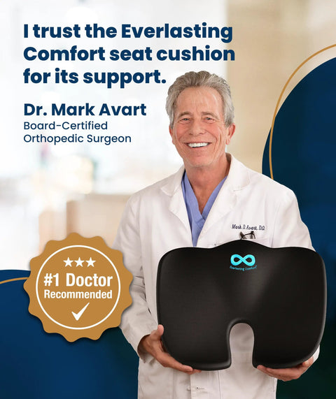 Memory Foam Seat Cushion For Office Chairs And Cars, Doctor Recommended Ergonomic Comfort For Tailbone Pain Relief And Sciatica, Large, Black, held by man in lab coat.