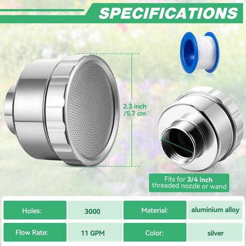 3/4 Inch Aluminum Garden Hose Shower Head With 3000 Hole Mist Nozzle Lightweight Sprayer with PTFE Tape