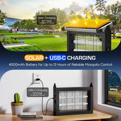 Cordless Solar Bug Zapper With USB Recharge No Fuss 4500V High Power Mosquito Killer With Smart Light Sensor displayed outdoors and indoors