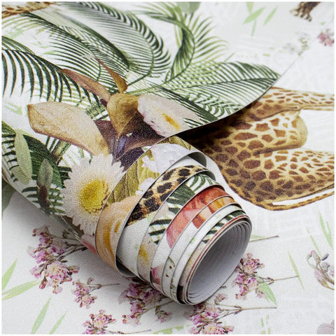 Rolling Forest Peel And Stick Floral Wallpaper With Jungle Animals Removable White Green Pink Vinyl, 17.7 In By 9.8 Ft
