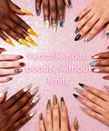 Mini Patting Gel Nail Kit With 57 Colors Ombre Gradient Gel Polish Palette displaying diverse nail art on hands.