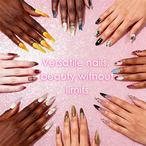 Mini Patting Gel Nail Kit With 57 Colors Ombre Gradient Gel Polish Palette displaying diverse nail art on hands.