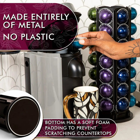 Coffee Pod Carousel Holder For Nespresso Vertuo Capsules Black 40 Pod Capacity beside coffee machine and cup