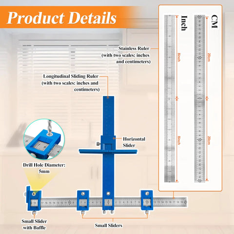 Detailed view of No Sweat Cabinet Hardware Jig with Quick Release Drill Guide Block, featuring rulers and sliders for precise alignment.