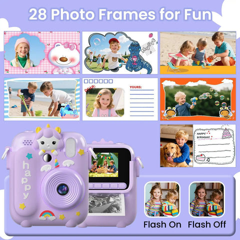 Totally Fun Kids Instant Print Camera With 1080P HD Photo Quality And On The Go Printing In Five Color Options For Playful Everyday Moments And Keepsakes Your Family Will Forever Love. Purple unicorn kids instant print camera with 28 photo frames