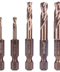 NordWolf 5-piece M35 cobalt stubby drill bit set with 1/4-inch hex shanks for stainless steel and hard metals in box