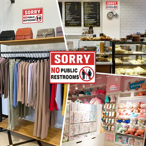 Two Pack No Public Restroom Signs For Biz And Home Self Adhesive Weatherproof Vinyl Stickers displayed in various store settings