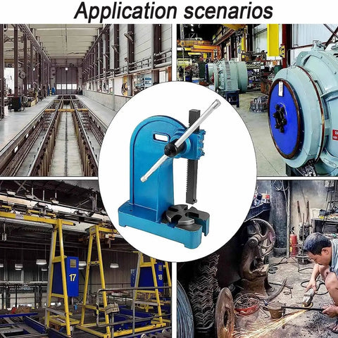 Heavy Duty Cast Iron Arbor Press Machine With Solid Base shown in workshop applications for precision stamping and bending tasks.