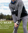 Man using Adjustable Golf Swing Training Arm Band For Right And Left Handed Beginners Portable Corrector Muscle Memory Trainer For No Fuss On The Go Practice Lightweight Durable Black during swing practice.