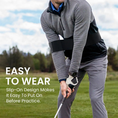 Man using Adjustable Golf Swing Training Arm Band For Right And Left Handed Beginners Portable Corrector Muscle Memory Trainer For No Fuss On The Go Practice Lightweight Durable Black during swing practice.