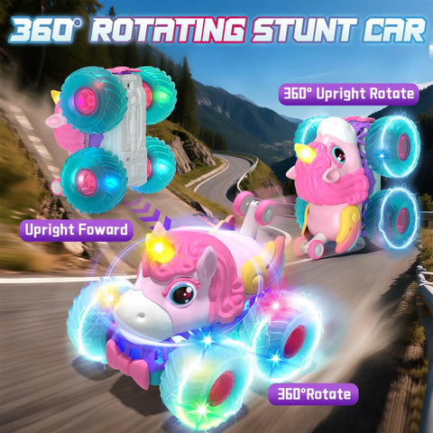 Unicorn Themed RC Car For Girls With 360 Degree Rotating Stunt Action on scenic road