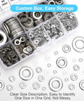 Front view: flat washers set in clear plastic box, 800 pcs of 304 stainless steel in 9 sizes (M2–M12).