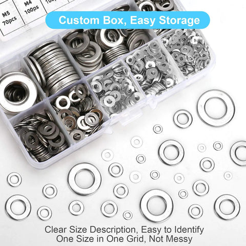 Front view: flat washers set in clear plastic box, 800 pcs of 304 stainless steel in 9 sizes (M2–M12).