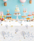 Blue Hot Air Balloon Baby Shower Tablecloths, 3 Pack Disposable Table Covers For Boy, Adventure Awaits Theme, 55 By 86 Inches on table
