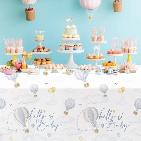 Blue Hot Air Balloon Baby Shower Tablecloths, 3 Pack Disposable Table Covers For Boy, Adventure Awaits Theme, 55 By 86 Inches on table