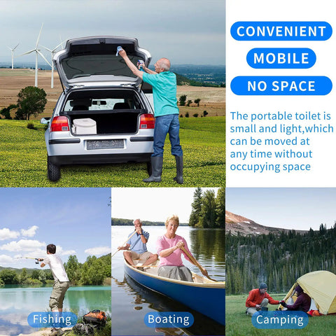Lightweight Portable Travel Toilet for Camping and Hiking in gray and white, shown during fishing, boating, and camping trips.