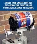 Pneumatic Paint Shaker For Automotive And House Paints - Heavy Duty Air Powered Can Shaker Machine holding a paint can in garage