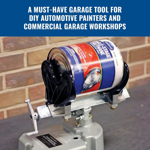 Pneumatic Paint Shaker For Automotive And House Paints - Heavy Duty Air Powered Can Shaker Machine holding a paint can in garage