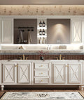 Fierce French Retro Double Sink Bathroom Vanity With Built In Led Defog Mirror And Dang Solid Freestanding Wood Cabinet For Super Sleek Luxury Bath Upgrade Projects in a chic bathroom setting.