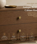 Four Pack Cabinet Drawer Knobs With Round Pulls For Closet Featuring Slick Brushed Antique Brass Finish Premium Aluminum Alloy Hardware No Fuss Install Rock Solid Grip on wooden cabinet.