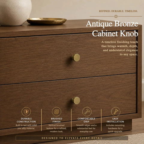 Four Pack Cabinet Drawer Knobs With Round Pulls For Closet Featuring Slick Brushed Antique Brass Finish Premium Aluminum Alloy Hardware No Fuss Install Rock Solid Grip on wooden cabinet.