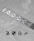 32 Inch High Flow Linear Shower Drain With Removable Grate Brushed 304 Stainless Steel Hair Strainer in use in bathroom