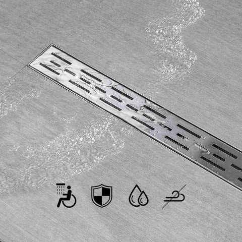 32 Inch High Flow Linear Shower Drain With Removable Grate Brushed 304 Stainless Steel Hair Strainer in use in bathroom
