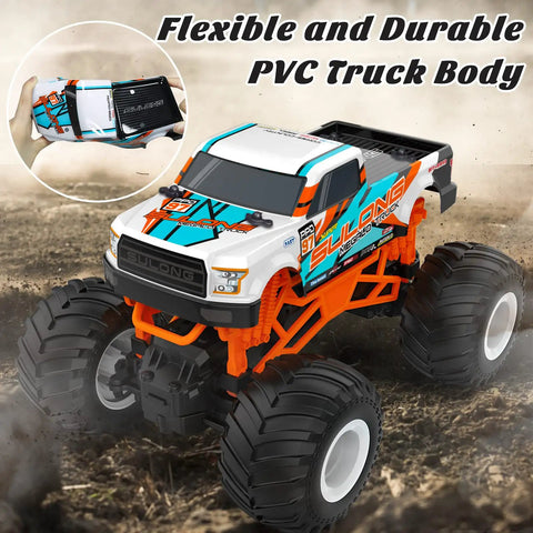 One Sixteen Scale RC Monster Truck For All Terrain 2.4GHz Dope Off Road Vehicle with flexible PVC body on dirt track