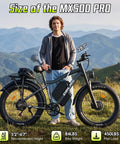 Hella Powerful 8000W Dual Motor Electric Bike For Adults slaying every trail, full view with size dimensions in mountain setting.