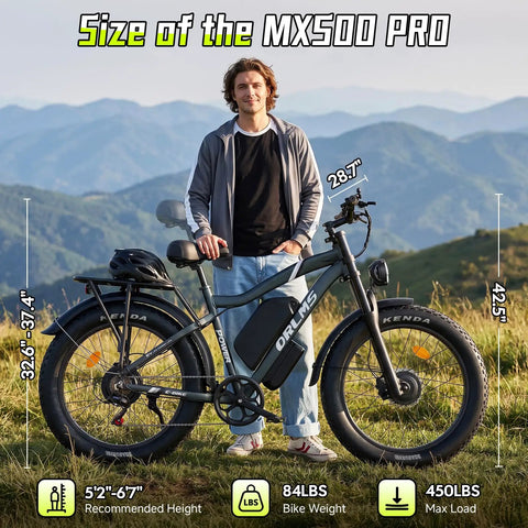 Hella Powerful 8000W Dual Motor Electric Bike For Adults slaying every trail, full view with size dimensions in mountain setting.