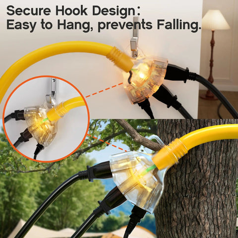 Heavy Duty 12 Ft 12 Gauge Outdoor Extension Cord With Three Outlets, Waterproof SJTW, flexible yellow splitter hanging on hook