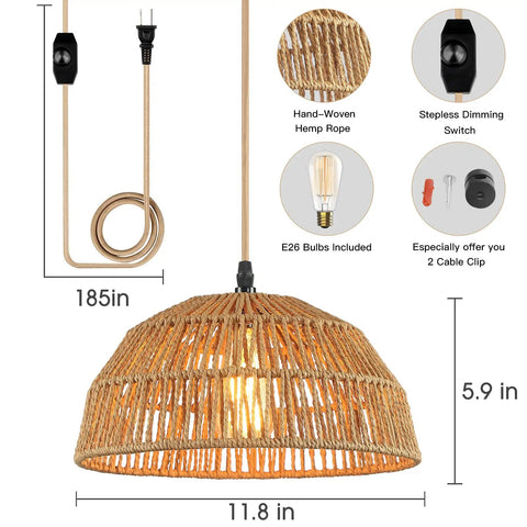 Boho Plug In Pendant Light With 15ft Golden Cotton Cord Handwoven Hemp Rope Lampshade Stepless Dimming Switch 360 Degree Lighting