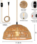 Two Pack Plug In Pendant Lights With 15 Ft Golden Cotton Cord Dimmable Ceiling Lamps, hemp rope shade 11.8x5.9 in, accessories shown