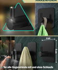 Top Shelf Black Self Adhesive Towel Hooks 6 Pack Stainless Steel Bathroom Wall Mount showing hooks with towels in use.