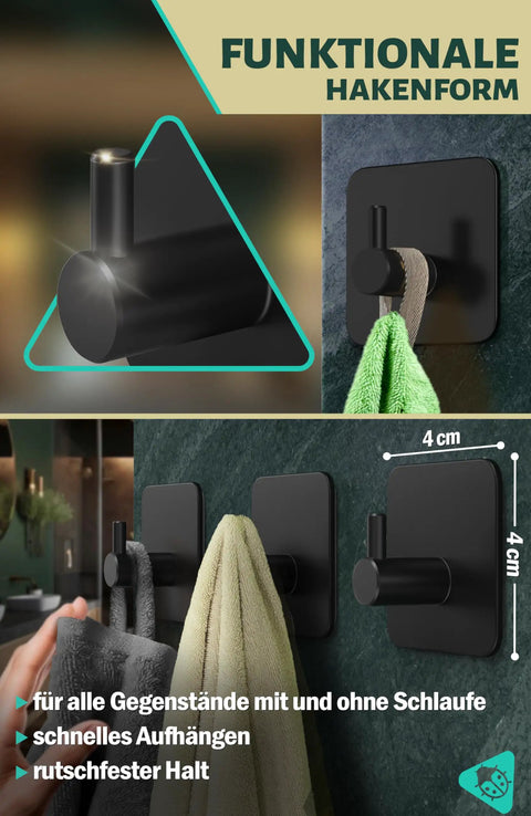 Top Shelf Black Self Adhesive Towel Hooks 6 Pack Stainless Steel Bathroom Wall Mount showing hooks with towels in use.